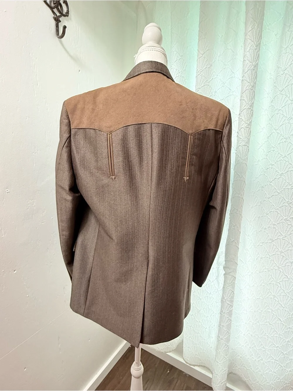 Men's Brown Pinstripe Blazer with Suede Shoulder Panels